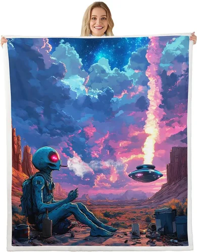 Miniatura 7 de Manta de franela de alienígena, misteriosa nave espacial estrellada con purpurina y planetas de cielo para decoración de habitaciones, manta