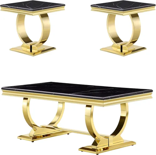 Miniatura 18 de ACEDÉCOR Moderno juego de mesa de centro de 4 piezas, dorado, mesa de mármol sintético, incluye mesa auxiliar, 2 mesas auxiliares, mesa consola, Oro