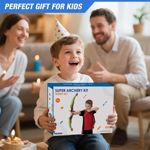 Miniatura 9 de HYES Arco y flecha para niños, juego de tiro con arco con luz LED con 12 flechas de ventosa, 1 objetivo de pie, 3 objetivos de puntuación y 1