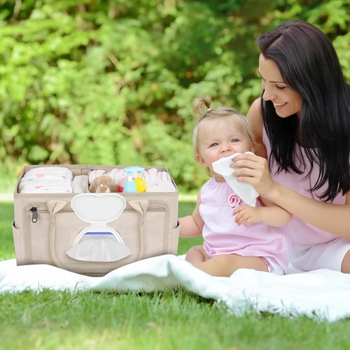 Miniatura 8 de Volnamal Organizador de pañales con dispensador de toallitas con acceso con una sola mano, organizador de pañales de alta calidad, organizador Beige