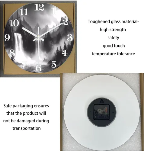 Miniatura 6 de XNM Relojes de Pared de Paisaje Natural para Baño, Funciona con Pilas, 30.5 cm, Negro y Blanco, Redondo, Silencioso, sin Tictac, de Vidrio, Pequeño