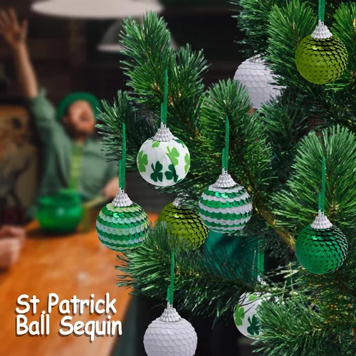 Miniatura 4 de Watayo 24 bolas de lentejuelas para el día de San Patricio, bolas colgantes de trébol verde, adornos de trébol de la suerte para decoración