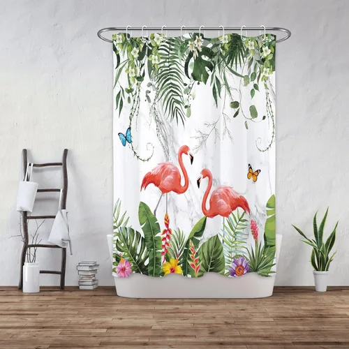 Miniatura 9 de EOBTAIN Cortina de ducha de hojas de plantas tropicales para baño, flamenco rosa y mariposa azul con hojas de palma en beige, cortina de ducha con 8