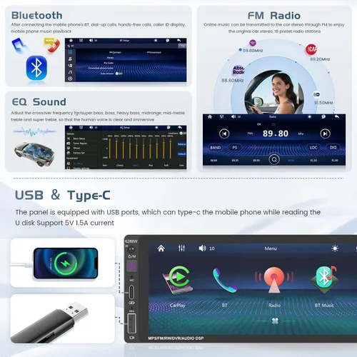 Miniatura 6 de Radio de coche de un solo DIN estéreo con Apple Carplay Android Auto, pantalla táctil HD de 6.9 pulgadas, receptor Bluetooth, enlace de espejo