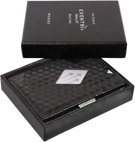 Miniatura 5 de EXENTRI Billetera Trifold de cuero - bloqueo RFID con clip de bloqueo de acero inoxidable