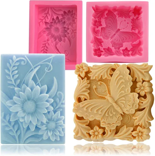 Paquete de 2 moldes de jabón de flores de mariposa para hacer jabón, molde de silicona floral 3D para jabones hechos a mano, bombas de baño, barras