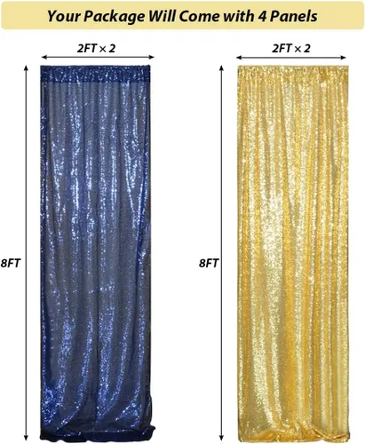 Miniatura 3 de 4 paneles de cortina de lentejuelas doradas y azules de 2 x 8 pies, cortinas de fondo de lentejuelas con purpurina para decoración de fiestas