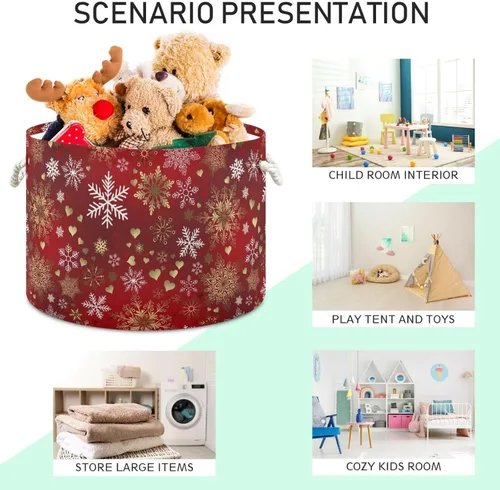 Miniatura 3 de Bolaz Cesta de almacenamiento grande de Navidad, copos de nieve blancos y dorados, caja de almacenamiento de juguetes, contenedores organizadores