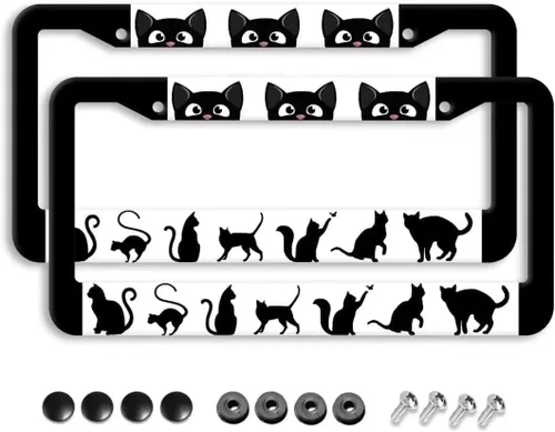 Black White Cat License Plate Frame 2 Pack Cute Animal Cat Pattern Car Tag Holder with Screws Caps Aluminum Metal 12.3 x 6.3 Inch 2 Holes Design