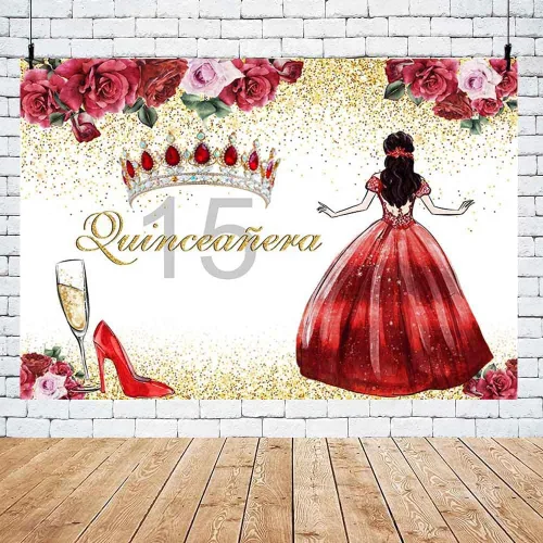 Miniatura 5 de AIBIIN Telón de fondo de quinceañera de cumpleaños número 15 para niñas, fondo de fotografía floral rojo, corona de princesa, tacones altos