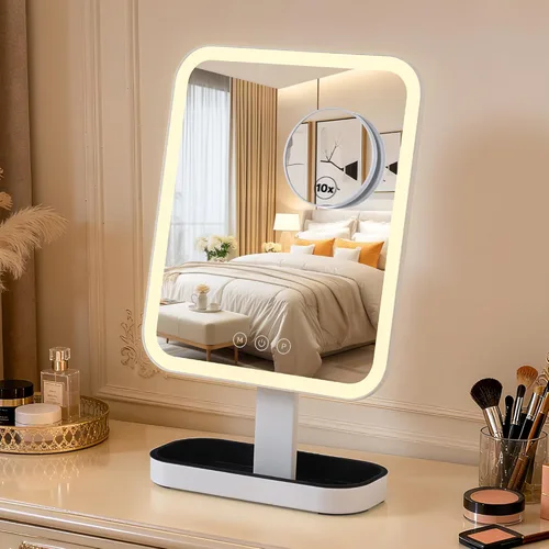 Espejo de tocador con luces, aumento de 1/10X, espejo de tocador Hollywood con luces de 3 colores y ajustable, control táctil inteligente, estilo