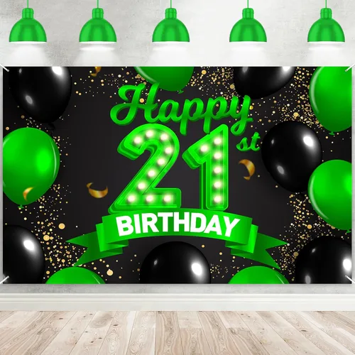 Miniatura 52 de Cartel de feliz cumpleaños 26 verde y negro, telón de fondo con texto en inglés "Cheers to 26 years old confeti", globos de confeti, decoración