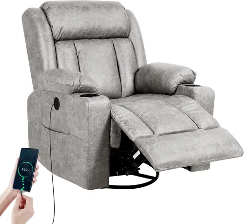 Miniatura 8 de LEVELEVE Silla reclinable mecedora, silla reclinable de masaje con masaje por vibración y calor, sillas giratorias de piel sintética de 360°, sala