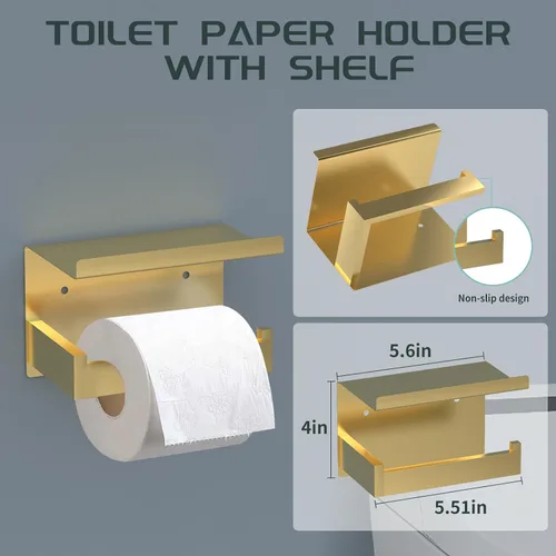 Miniatura 3 de Dorudon atrox Juego de herrajes de baño dorados de 7 piezas con accesorios de baño dorados cepillados - Cuadrado 2 barras para toallas portatoallas