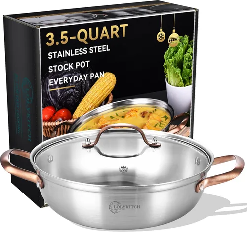 LOLYKITCH Sartén para saltear de acero inoxidable de 3 capas de 11 pulgadas con tapa, 3.5 QT, sartén para uso diario, Kadhai, sartén de cocina por