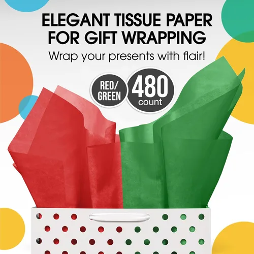 Miniatura 4 de Papel de seda rojo y verde para bolsas de regalo - Papel de seda a granel de 15" x 20", rojo y verde, 480 hojas - Papel periódico de 10 libras