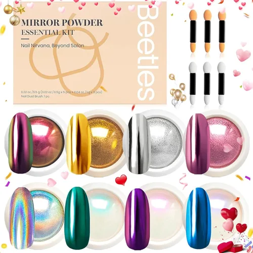 Beetles Polvo de uñas cromado con efecto espejo dorado y plateado, 8 colores, holográfico, aurora, iridiscente, nacarado, purpurina para decoración