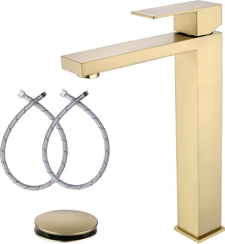 llave de fregadero dorado cepillado, grifo de baño dorado de un solo agujero, grifo de fregadero de una sola manija alto con desagüe desplegable,