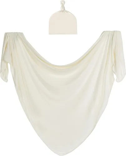 Manta grande de punto de jersey para bebé, manta de recepción suave y elástica para recién nacidos con sombrero, grande 47 x 47 pulgadas (natural)
