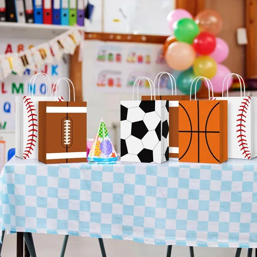Miniatura 5 de TaoBary 12 bolsas de regalo para fiestas deportivas, fútbol, béisbol, deportes, bolsas de regalo con asas para decoración de fiesta de cumpleaños