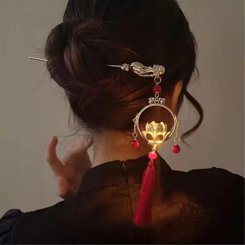 Miniatura 6 de Gancho de pelo con luz de linterna Bincout Meerore, accesorio de pelo con borla enrollada, estilo antiguo, para mujer #04