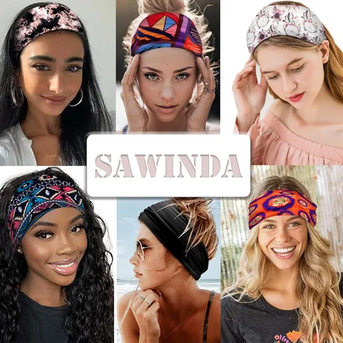 Miniatura 7 de Paquete de 4 diademas anchas para mujer, color negro, elegante, elástica, anudada, turbante de humedad, para entrenamiento, bandas para el sudor
