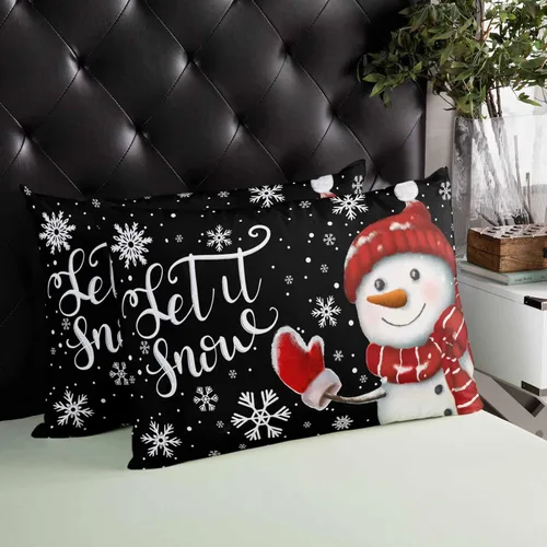 Miniatura 4 de Fundas de almohada de muñeco de nieve de Navidad, funda de almohada larga de lino, diseño de copos de nieve de invierno clásico, negro, protector
