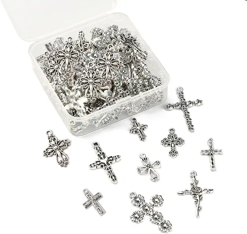 Miniatura 6 de LiQunSweet 100 dijes de cruz de religión de 10 estilos para hacer joyas, manualidades, accesorios Colgantes de religión cruzada_10 estilos