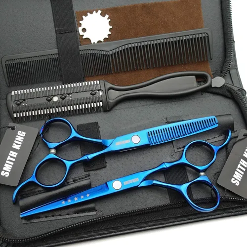 Juego de tijeras de corte de cabello de 6.0 pulgadas con peines, estuche para tijeras de cuero, tijeras de corte de cabello, tijeras de Azul
