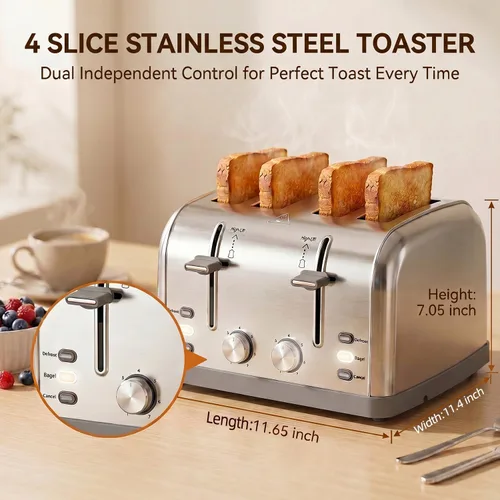Miniatura 5 de Tostador retro de 4 rebanadas de acero inoxidable, el mejor tostador Prime de 4 rebanadas con ranura ancha y 7 configuraciones de tostado, perfecto