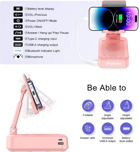 Miniatura 4 de Regalos para hombres y mujeres, soporte para teléfono con altavoz Bluetooth y función de carga, ángulo giratorio de 360°, soporte ajustable para Rosa