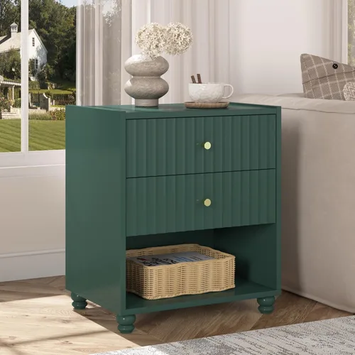 Miniatura 8 de Moderna mesita de noche, mesa auxiliar acanalada con 2 cajones, mesita de noche con estante abierto para dormitorio (1, negro)