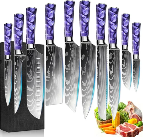 Miniatura 18 de Juego de 10 cuchillos de cocina japoneses de alta calidad, colección Imperial, patrón láser de damasco, acero inoxidable 440A ultra afilado