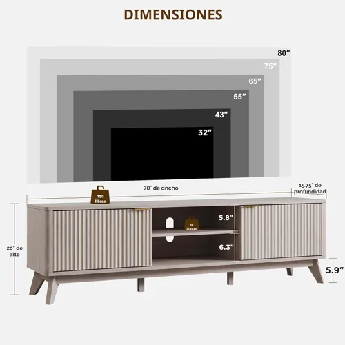 Miniatura 6 de OKD Soporte de TV acanalado moderno de mediados de siglo de 70 pulgadas, centro de entretenimiento, aparador, consola multimedia para sala de estar