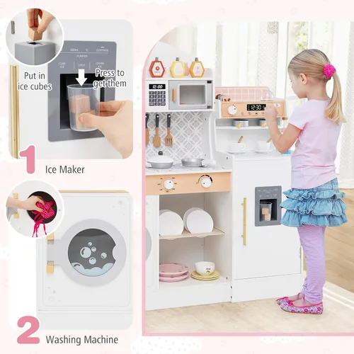 Miniatura 3 de HONEY JOY Juego de cocina para niños, juego de cocina de juguete de madera con luces, cafetera, microondas, fregadero, máquina de hielo, lavadora