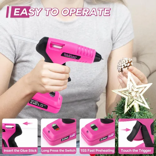 Miniatura 2 de Pistola de pegamento caliente inalámbrica, juego de pistola de pegamento de precalentamiento rápido de 15 s de 7.2V rosa con 25 piezas de mini palos