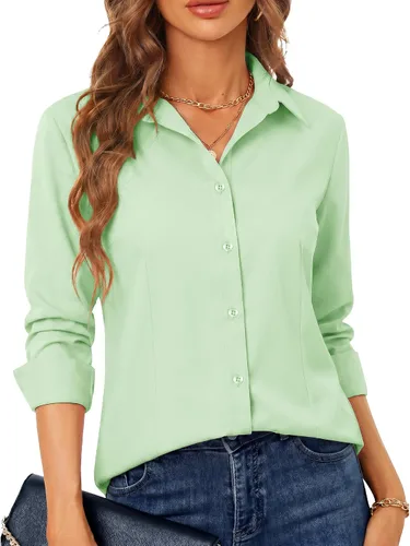 Miniatura 27 de BBIBBI Camisa de vestir elástica de manga larga con botones para mujer, blusa de trabajo casual de negocios (clásica, recortada y alta)