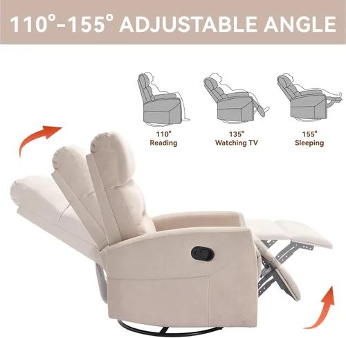 Miniatura 8 de PELUMY Silla reclinable manual, giratoria de 360° y sillón reclinable balancín con reclinable de 155°, sillón reclinable de tela compacta para Beige