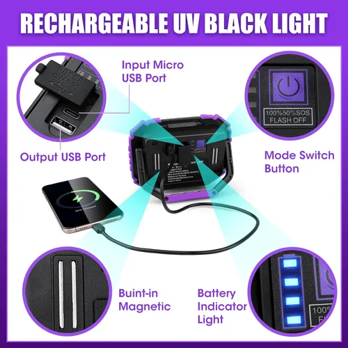Miniatura 4 de roperry Paquete de 2 Luces Negras Recargables, 5000mAh Batería Inalámbrica Portátil Magnética, Luz Negra LED Ultravioleta de 395nm, Luz