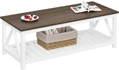 Miniatura 8 de Mesa de café ChooChoo Farmhouse, Mesa rústica vintage para sala de estar con estante, 47 blanco