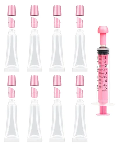 8 piezas de tubos vacíos para brillo labial - 0.3 fl oz tubos transparentes para bálsamo labial con jeringas de 0.2 fl oz - Tubos exprimibles