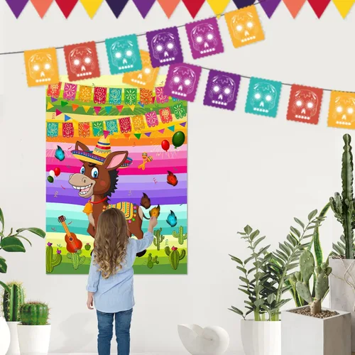 Miniatura 5 de NEBURORA Pin The Tail on The Donkey Juego de burro mexicano con 24 colas para fiesta del Cinco de Mayo, fiesta mexicana, fiesta temática de taco