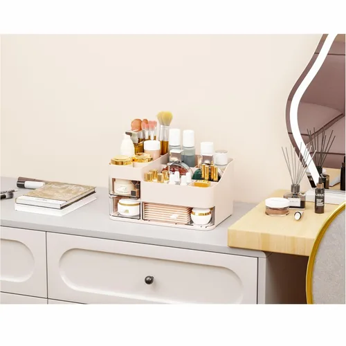 Miniatura 8 de Organizadores de maquillaje rosa para tocador con 3 cajones, organizadores grandes para el cuidado de la piel para encimera, escritorio, aparador