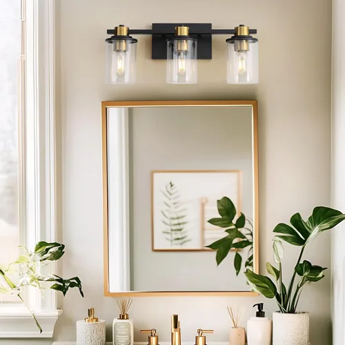 Miniatura 9 de LOUSACE Lámpara de baño negra y dorada, 3 luces de tocador de baño, moderna luz de baño sobre espejo con pantallas de vidrio transparente, enchufe
