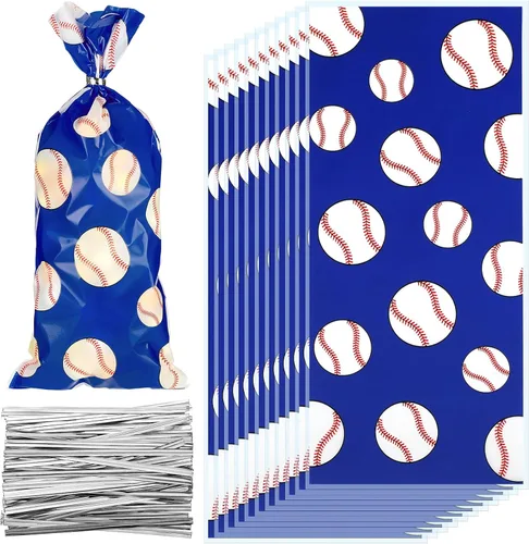 Outus 100 bolsas de celofán de béisbol para regalo de béisbol, bolsas de plástico para golosinas deportivas, bolsa de aperitivos con lazos Azul