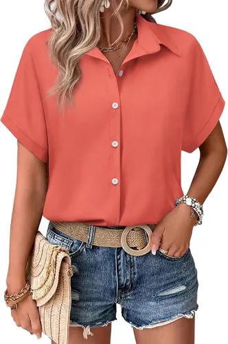 Miniatura 10 de Camisas con botones para mujer, ajustadas, de manga corta, con cuello, sin arrugas