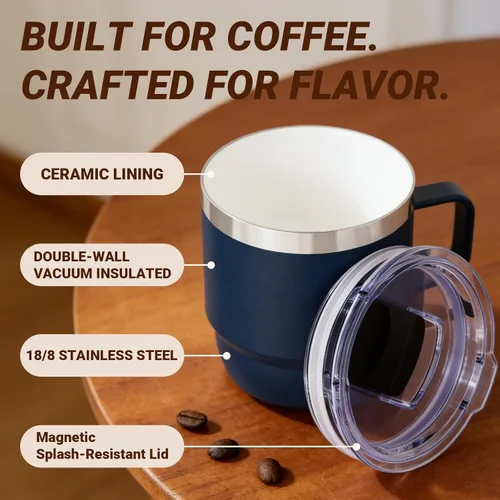 Miniatura 2 de Taza de café pequeña de 8 onzas con tapa deslizante magnética y asa, acero inoxidable 18/8 con forro de cerámica, doble pared aislada al vacío