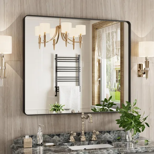 Miniatura 32 de JISOSO - Espejo de baño de 24x36 pulgadas con marco de metal cepillado color níquel, espejo con marco de metal cepillado plateado para pared, espejo