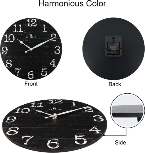 Miniatura 5 de Lafocuse Relojes de pared negros silenciosos de 12 pulgadas para decoración de cocina, sala de estar, reloj de pared rústico de madera, funciona