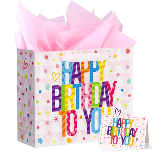 Miniatura 8 de Bobobag - Bolsa de regalo rosa de 13 pulgadas con papel de seda para cumpleaños, grandes bolsas de regalo para niñas Feliz cumpleaños (rosa)